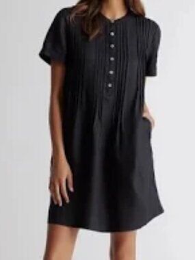 Quince 100% European Linen Short Sleeve Swing Dress SZ M Black Pockets